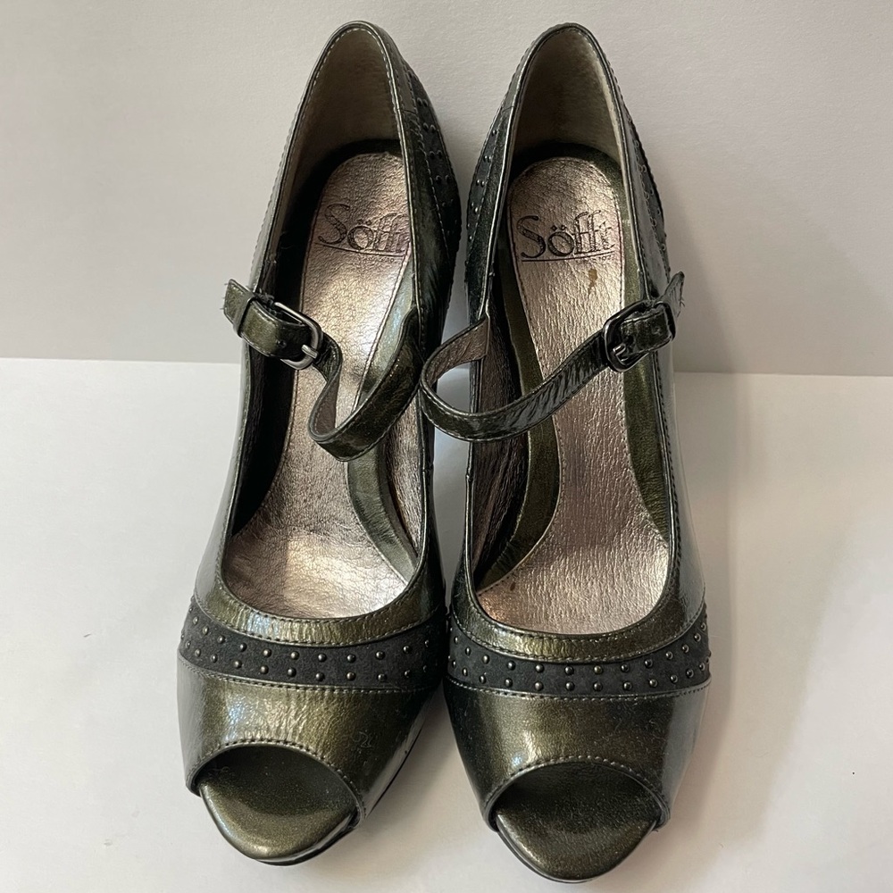 Sofft Green & Gray Leather Peeptoe Mary Jane Heels